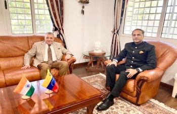 Ambassador Abhishek Singh received today Ambassador of Algeria to Venezuela Mr. Abdelkader Hedjazi at the Embassy. They discussed recent developments in Venezuela